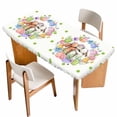 thumbnail image 1 of Easter Cute Rabbits Table Cloths for 5 Foot Rectangle Tables, Colorful Eggs Pink Blue Flowers Green Pot Patio Waterproof Elastic Fitted Tablecloths, Washable Rectangular Table Cover for Camping, 1 of 8