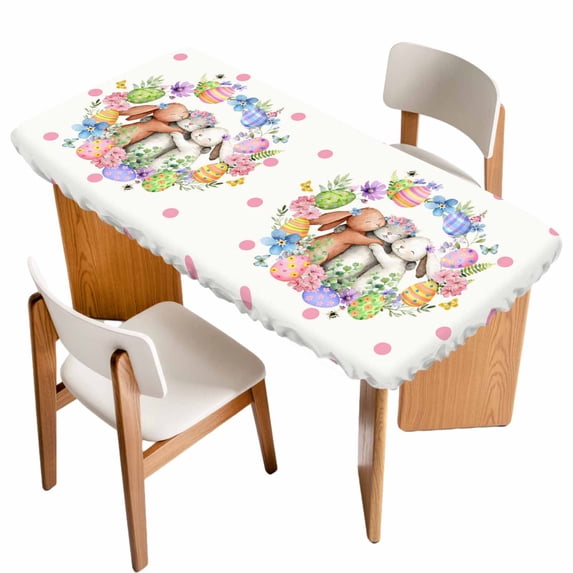 Easter Cute Rabbits Table Cloths for 5 Foot Rectangle Tables, Colorful Eggs Pink Blue Flowers Pink Pot Patio Waterproof Elastic Fitted Tablecloths, Washable Rectangular Table Cover for Camping