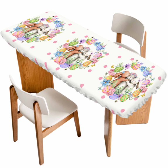 Easter Cute Rabbits Table Cloths for 8 Foot Rectangle Tables, Colorful Eggs Pink Blue Flowers Pink Pot Patio Waterproof Elastic Fitted Tablecloths, Washable Rectangular Table Cover for Camping