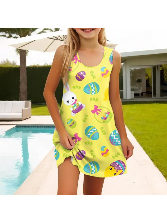 Easter Cute Spring Summer Sun Dresses Heart Fly Sleeve Mesh Layered Princess Dress Easter Outfit Girl Clothes for Girls Casual Puff Sleeve Floral Dress Girls Summer Outfits (Yellow,9-10 Years)