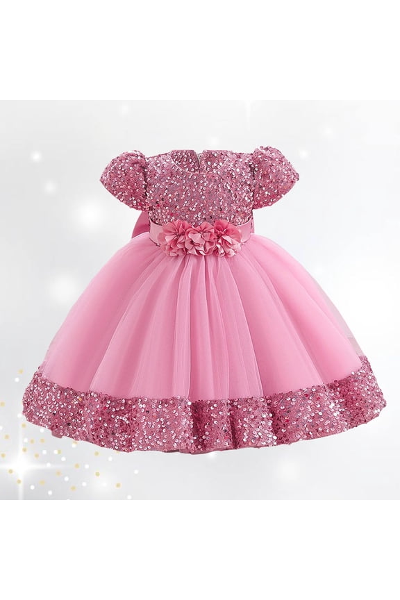 Easter Cute Spring Summer Sun Dresses Heart Fly Sleeve Mesh Layered Princess Dress Floral Print Sun-Dress Prin-Cess Dress for Little Girl Floral Dress Girls Summer Outfits (Pink,12-18 Months)