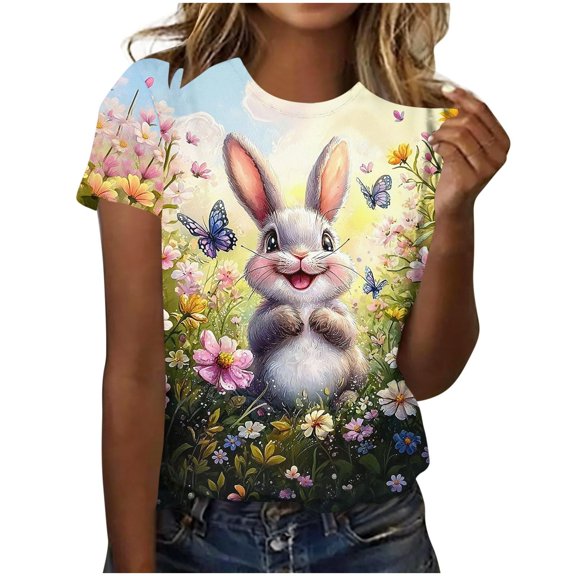 Easter Cute Womens Tops Short Sleeve Graphic Print Crew Neck Ladies Clothing,Beige,XL