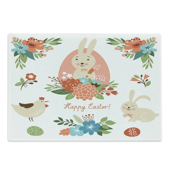 Easter Cutting Board, Cartoonish Happy Bunny Chicken Rabbit with Flowers and Carrot Pastel Toned Print, Decorative Tempered Glass Cutting and Serving Board, in 3 Sizes, by Ambesonne