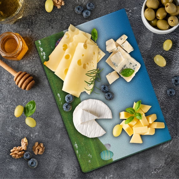 Easter Cutting Board, Easter Eggs on the Hills Fresh Spring Season Foliage with Blooming Daisies Design, Decorative Tempered Glass Cutting and Serving Board, Small Size, Multicolor, by Ambesonne