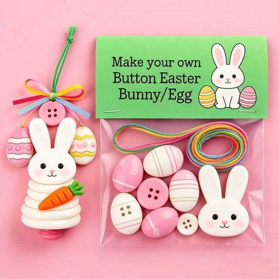 Easter DIY Button Pendant Craft Kit, 2pcs Handmade Holiday Decoration Set – Durable Button Ornament for Wall, Door, Table Centerpiece and Creative Easter Home Decor or Gift Making