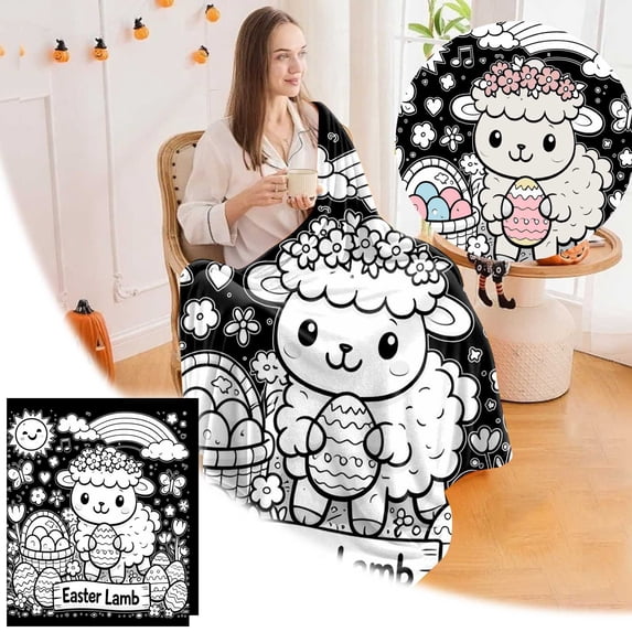 Easter DIY Coloring Blanket, Washable Art & Craft Throw with Rabbits/Eggs/Sheep Patterns, Reversible Blanket for Family Activities and Easter Decor