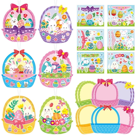 Easter DIY Craft Kit with 24 Adhesive Basket Scene Cards, Bunny Egg Flower Stickers, and Ribbons for Kids Spring Party Decorations