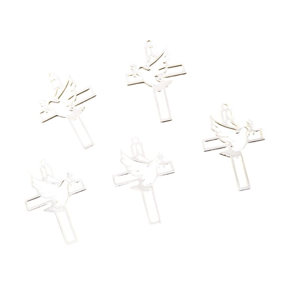 Easter DIY Cross Pendant Silver 5Pcs Stainless Steel for Handmade Jewelry Wreath Embellishment Feather Dove Accessory Shiny Long-Lasting Craft Accent