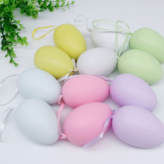 Easter DIY Hand-Painted Egg Coloring Toy Simulation Plastic Eggs with Ribbons for Easter Tree Door Chandelier Decoration Spring Party Home Decor Craft Set of 12 Pieces