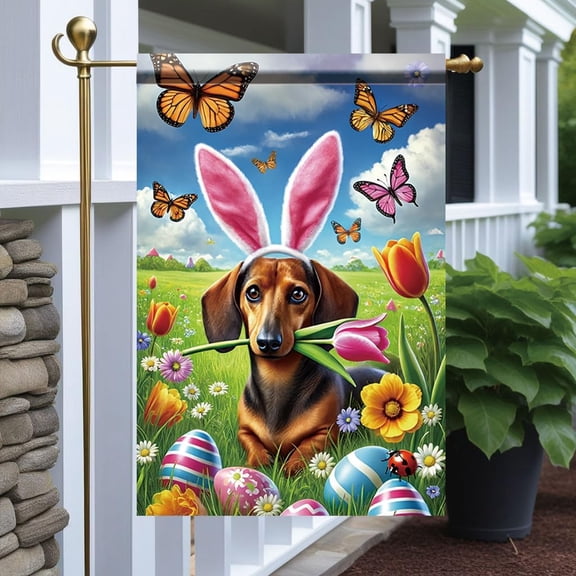 Easter Dachshund Garden Flag 12x18 Inch Double Sided Outdoor Yard Banner with BunnyEars Dog Tulips Butterflies and Eggs for Spring Patio Porch Lawn Garden Decoration Decor