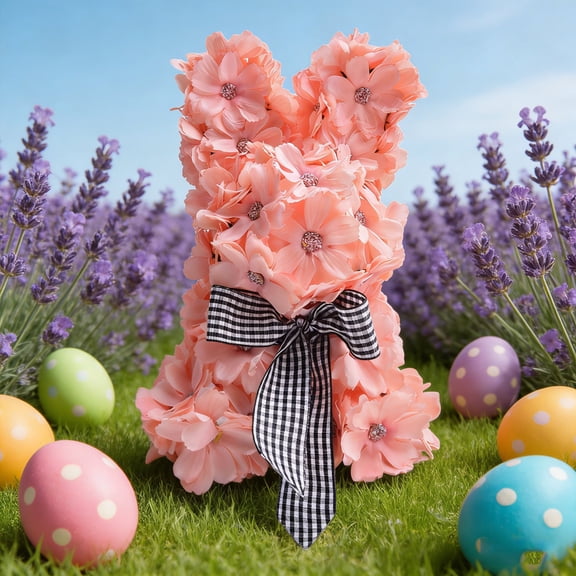 Easter Daisy Flower Bunny Decor - Artificial Floral Rabbit with Checkered Bow, Festive Spring Tabletop Ornament for Home & Party