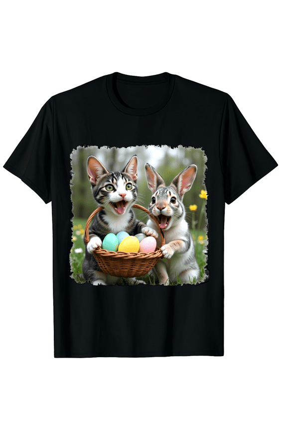 Easter Day Adorable Kitten Bunny Real Life Imagery Meadow Short Sleeve T-Shirt for Women Men Animal Protection Supporter Adult Festive Fashion Tee