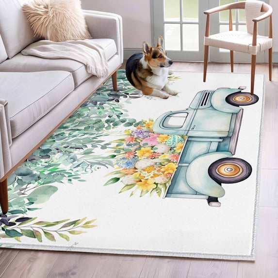 Easter Day, Area Rug 4x6 FT, Non Slip Kids Room Carpet, Farm Truck Eggs Sweeping Eucalyptus Leaves Washable Soft Floor Carpet Non-Shedding Throw Rug for Dorm Kitchen Study Room Home Office Bedside