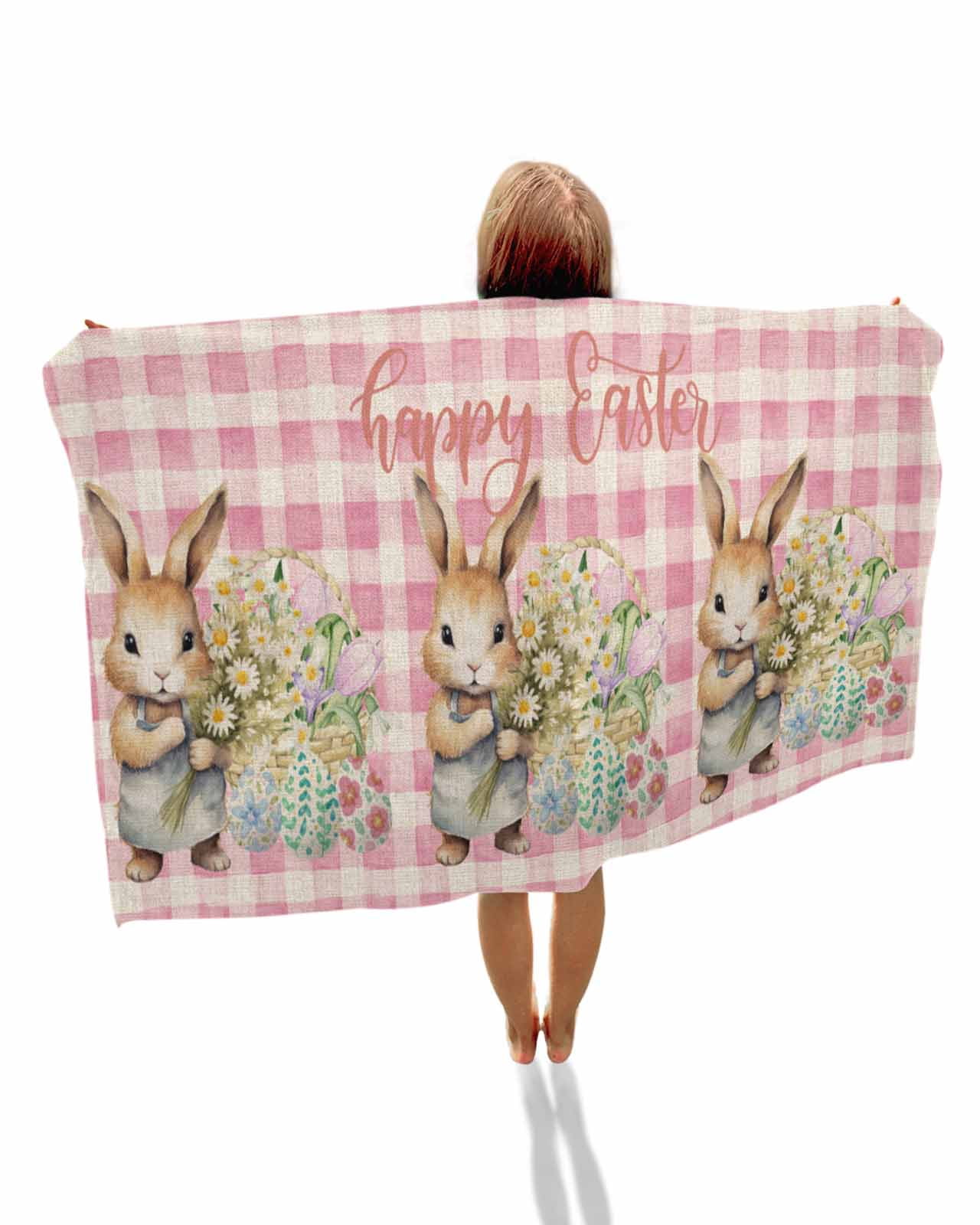 Easter Day, Beach Towels Oversized Super Absorbent, Easter Bunny Easter Eggs Daisy Plaid Pink Lightweight Bath Towel Quick Dry Sets For Bathroom/Pool/Rv Camping/Beach Play/Gym Room/Picnic 30"x60"