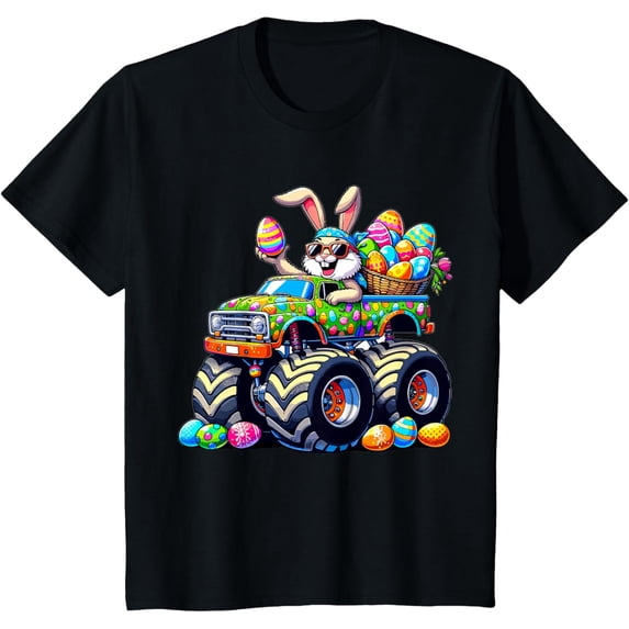Easter Day Bunny Monster Truck Eggs Cool Rabbit T-Shirt- Classic Cotton Crew Neck T-Shirt 2026 Trendy Easter Bunny Egg Graphic Tee Heavyweight Casual Top for Adults