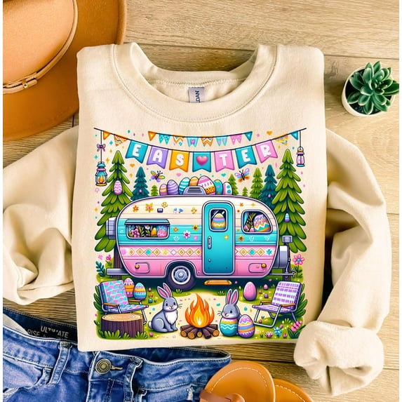 Easter Day Camper Sweatshirt, Funny Camping Caravan Shirt, Easter Adventure Crewneck, Spring Holiday Outdoor Gift