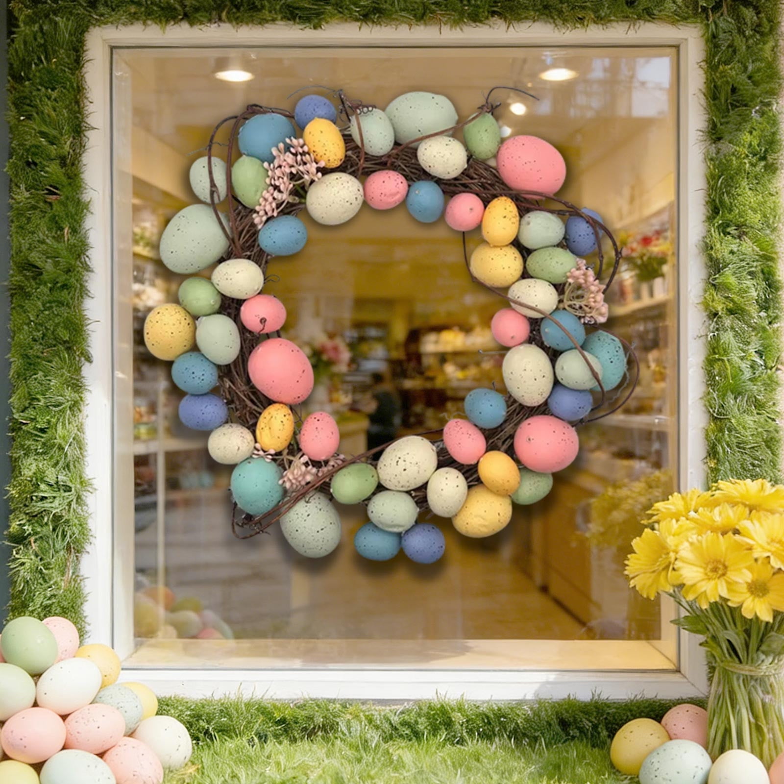 Easter Day Decor, Easter Egg Wreath Artificial Rattan Ring Door Hanger Home Party Decor C
