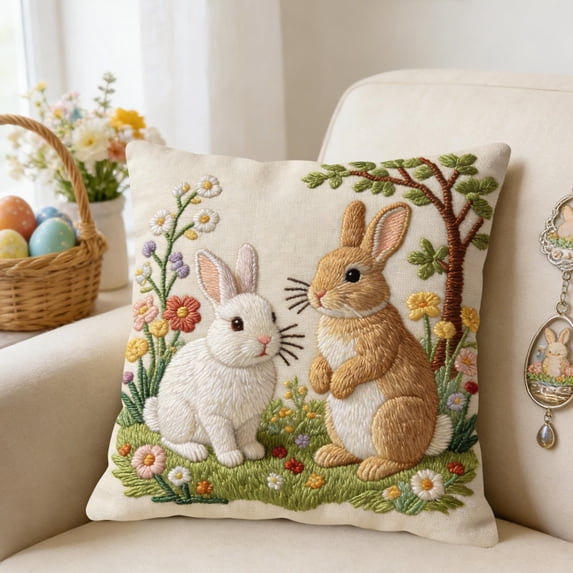 Easter Day Decorations for Home Short Lint Pillow Cover 18inch Cute Embroidery Decorative Throw Pillowcase for Sofa Bedroom Living Room Home Decoration Easter Good Things, New, Multicolor-d