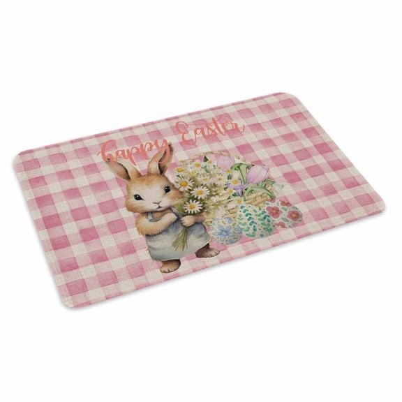 Easter Day Doormat Outdoor Entrance 24"x36", Easter Bunny Easter Eggs Daisy Plaid Pink Absorb Moisture Dirt Door Mats, Non-Slip Rubber Backing Floor Mats Indoor, Low-Profile Front Door Rugs