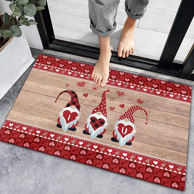 Easter Day Doormat Valentine's Day Gnome Romantic Red Love Heart Plaid
