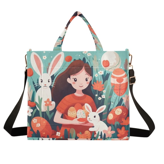 Easter Day Eggs Rabbits Girl Flowers Corduroy Tote Bag Handbag Large Messenger Bag Shoulder Crossbody Zipper Bag Purse