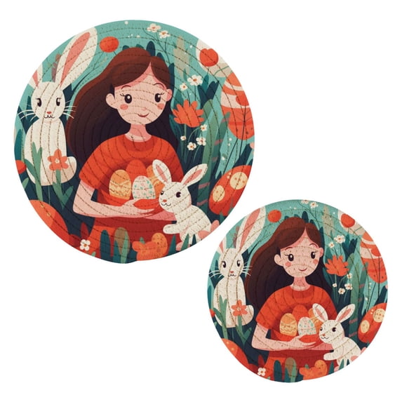 Easter Day Eggs Rabbits Girl Flowers Trivet Mats Pot Holders Cotton Woven Non-Slip Heat Resistant for Hot Pots Pans Pats for Cooking Baking Set of 2
