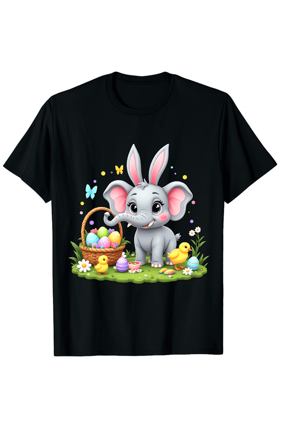 Easter Day Elephant Rabbit Ears Trunk Holding Basket Design Short Sleeve T-Shirt for Women Men Wildlife Fan Adult Festive Celebration Clothing Top