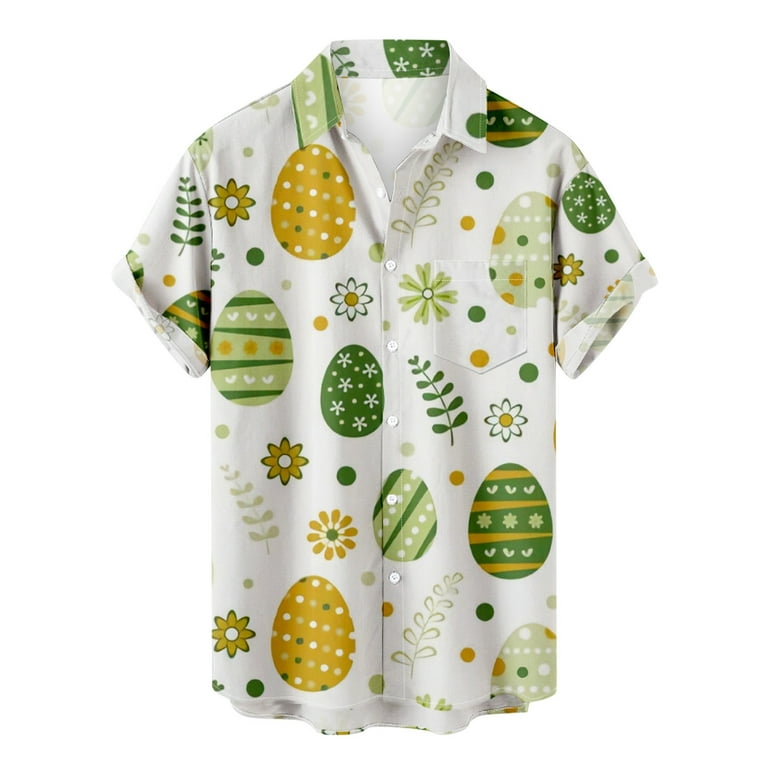 Easter Day Hawaiian Shirts for Men Easter Eggs Print Short Sleeves Shirt  Button Down Shirts Blouse With Pocket