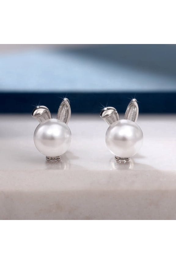 Cute Bunny Pearl Stud Earrings for Women Silver Plated Rabbit Ear Pearl Earrings