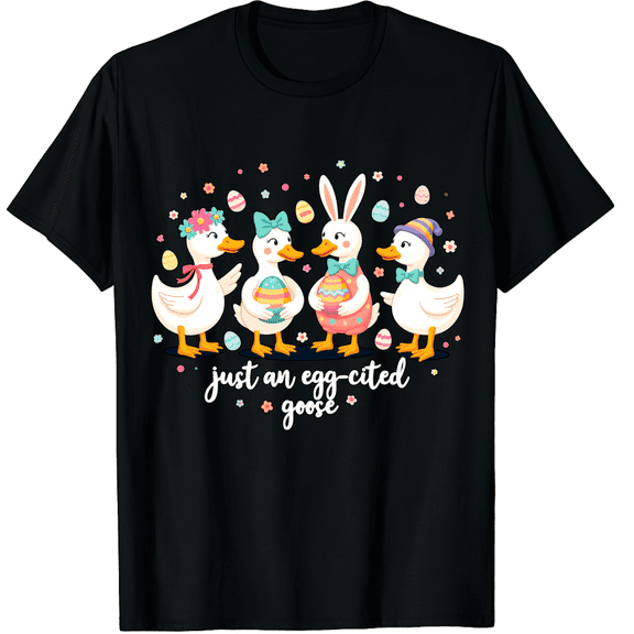 Easter Day Just An Eggcited Goose Colorful Blooms Bird Graphic Short Sleeve T-Shirt for Women Men Humorous Farming Adult Springtime Casual Outfit