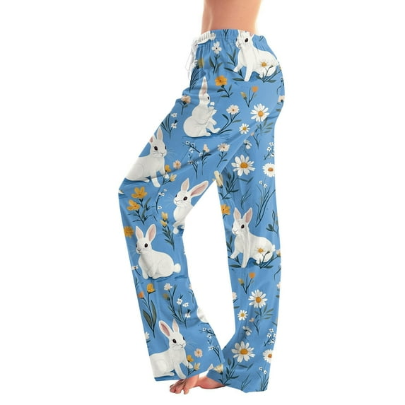 Easter Day Lounge Pants for Women Rabbit Print Soft Lounge Pants Comfy Drawstring Sleepwear Long Pajamas Sleepwear
