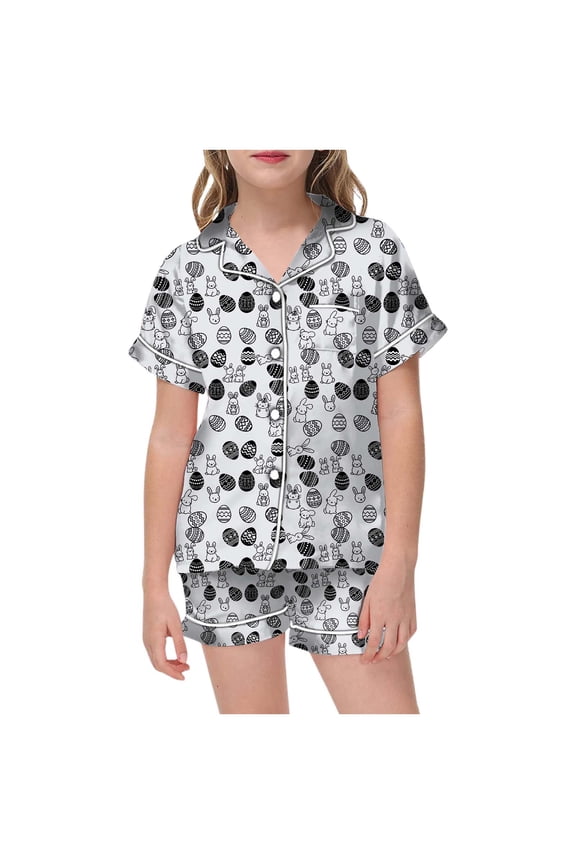 Easter Day Pajamas Girls Bunny Short Sleeve & Short Pants Outfit Button Down Soft Sleepwear Set 2 Piece Pjs Clothes Set Gifts for Kids 12-13 Years(Light Gray)