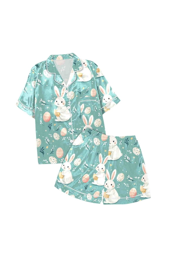 Easter Day Pajamas Girls Button Down Cartoon Rabbit Short Sleeve Family Easter Outfits Matching Sets Trendy Home Pajamas Set Two-Piece Pj Sleepwear Sets 6-7 Years