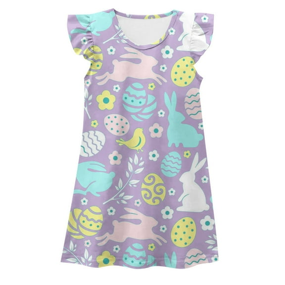 Easter Day Pajamas Girls Flutter Sleeve Easter Print Fashion Cute Dresses Pajamas Little Kids Toddler Soft Nightgown Light ,6-7Y