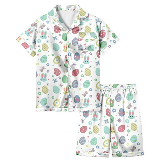 Easter Day Pajamas Toddler Girl Cartoon Rabbit Lapel Short Sleeve Casual Button-Up Sleepwear for Kids and Girls White,12-13 Years