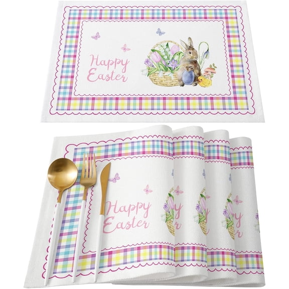 Easter Day Placemats Set of 4 Bunny Eggs Rabbit Flower Tablemats for Dinner Table Buffalo Plaid Check Spring Holiday Table Mats Non-Slip Washable Heat Resistant