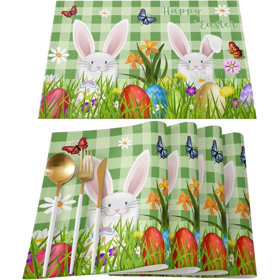 Easter Day Placemats Set of 4 - Happy Easter Cute Rabbit Eggs Spring Flower Place Mat for Dining Table Washable Cotton Linen Table Mats, 12 x 18 Inch