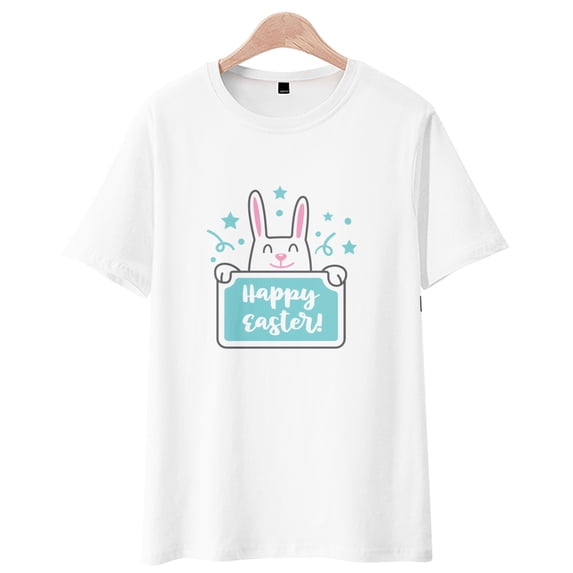 Easter Day Rabbit Patterns Graphic Summer Short Sleeve Tops For Women and Men Casual Crew Neck T-Shirts, White