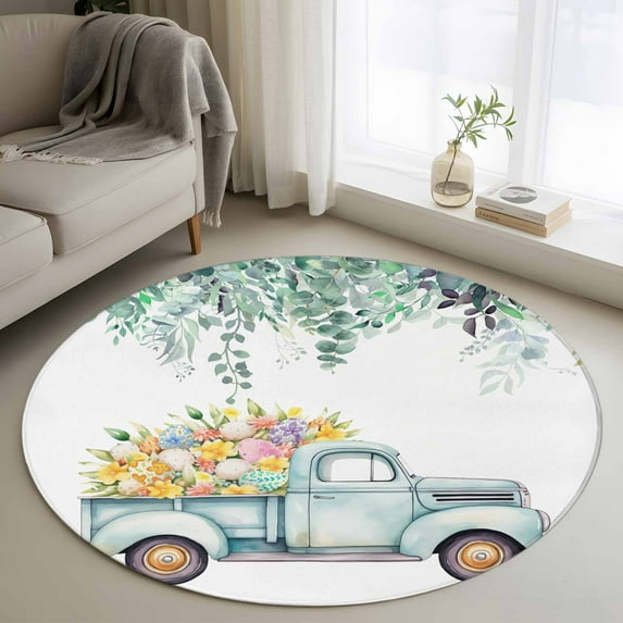 Easter Day, Round Area Rug 3.3 FT, Non Slip Small Entryway Kitchen Mat, Farm Truck Eggs Sweeping Eucalyptus Leaves Washable Soft Circular Rug Non-Shedding Door Mat for Bathroom Playroom Kids Room