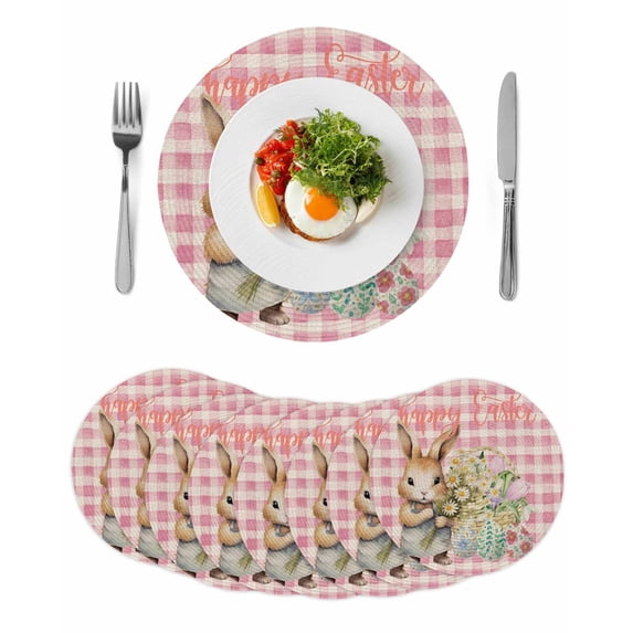 Easter Day,Round Placemats Set of 8 for Dinning Tables,Heat-proof Braided Table Mats 15 Inch,Easter Bunny Easter Eggs Daisy Plaid Pink Washable Place Mat for Kitchen Restaurant Party Table Decor