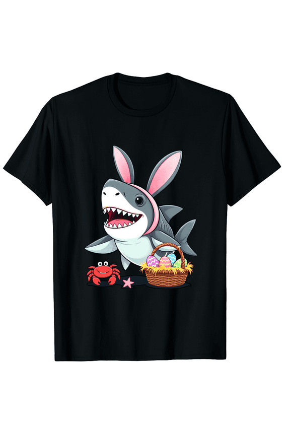 Easter Day Shark Bunny Ears Ocean Creature Crab Starfish Graphic Short Sleeve T-Shirt for Women Men Nautical Summer Holiday Adult Coastal Style Tee
