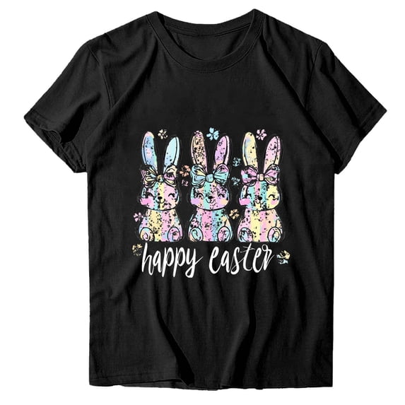 Easter Day Shirt Women Short Sleeve Cute Summer Tops Eggs Rabbit Printed Graphic Base Tee Crewneck Tshirts (2XL, Black 03)