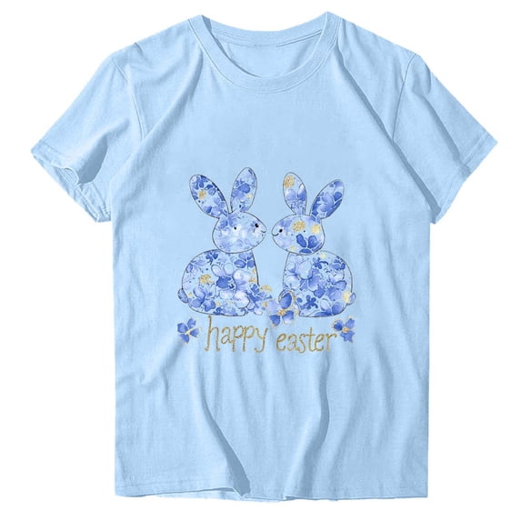 Easter Day Shirt Women Short Sleeve Cute Summer Tops Eggs Rabbit Printed Graphic Base Tee Crewneck Tshirts (M, Light Blue 01)