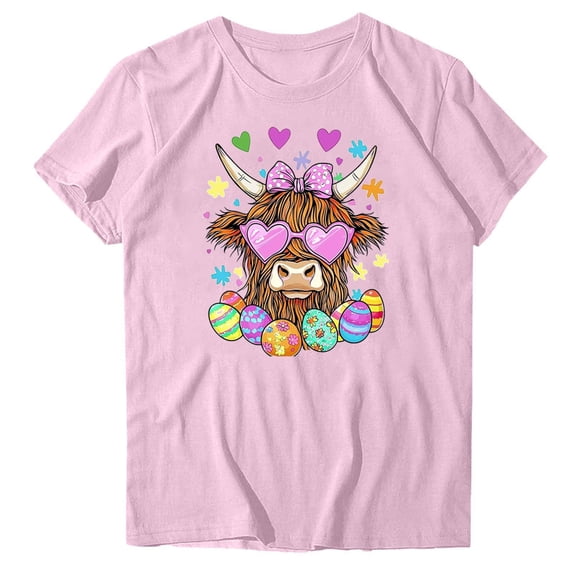 Easter Day Shirt Women Short Sleeve Cute Summer Tops Eggs Rabbit Printed Graphic Base Tee Crewneck Tshirts (S, Pink)