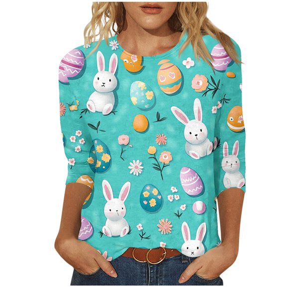 Easter Day Shirt for Women Cute Bunny Face Graphic Short Sleeve Tee Tops Funny Easter Printed Blouse Easter Gift