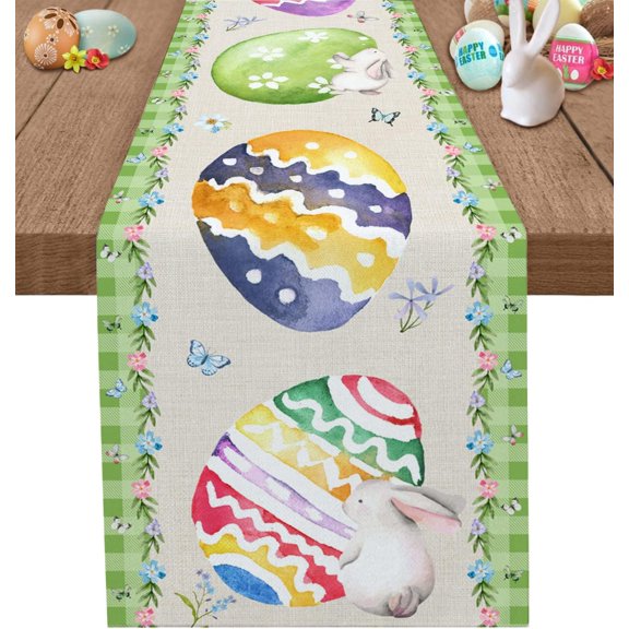 Easter Day Table Runner, Spring Easter Bunny Eggs Kitchen Table Runners for Family Dinner, Banquet, Parties and Celebrations, Cute Easter Rabbits Table Decor, 13.8 x 90 inch