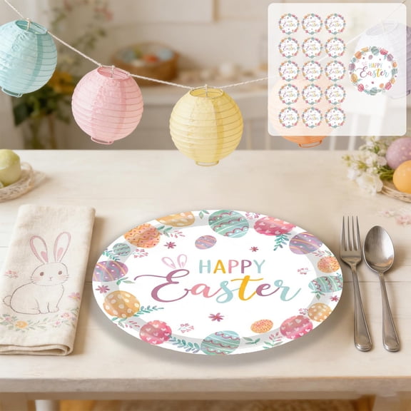 Easter Day Tableware Set Party Supplies - Colorful Eggs Pattern Disposable Dinnerware with Paper Plates, Napkins, Forks for Spring Celebrations Picnic Favors (16PCS Paper Plates)