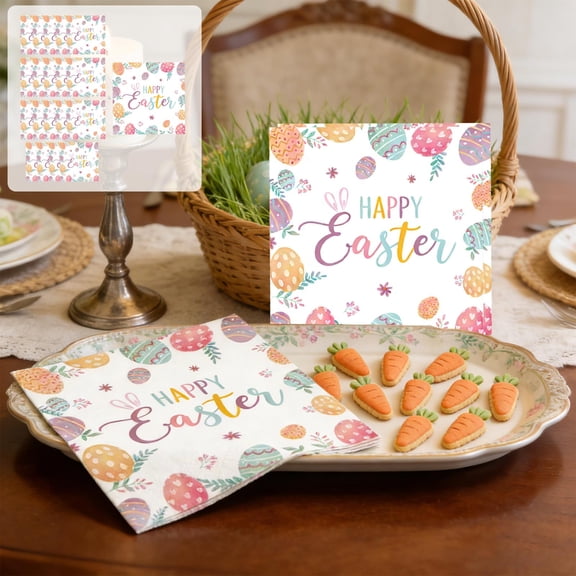 Easter Day Tableware Set Party Supplies - Colorful Eggs Pattern Disposable Dinnerware with Paper Plates, Napkins, Forks for Spring Celebrations Picnic Favors (20PCS Tissues)