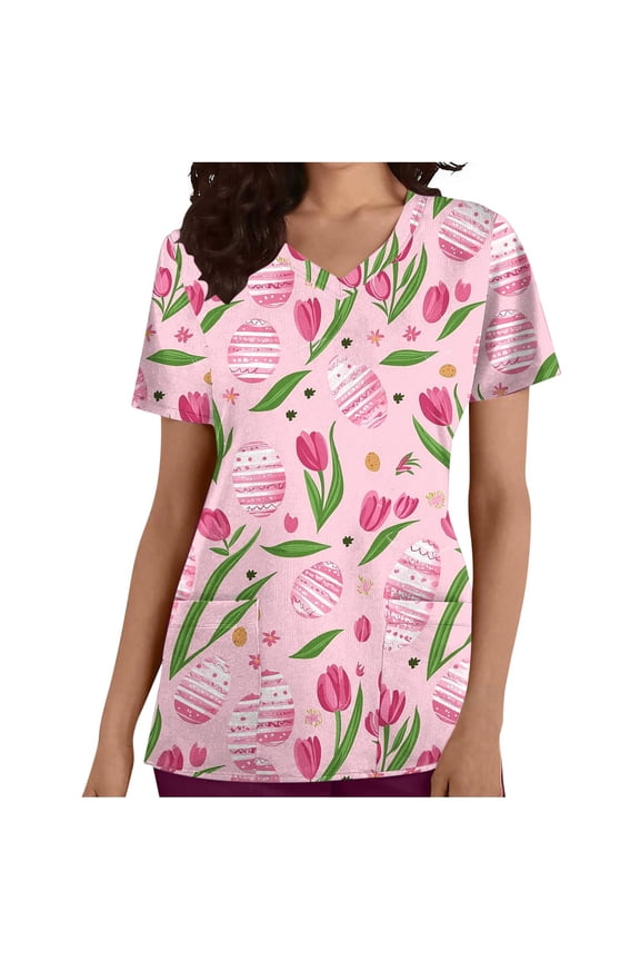 Easter Day Tshirt Women,Womens Under Scrub Tops Animal Printed Scrubs Stretch Dog Cat Pattern Uniforms Cute Pattern Nursing Workwear,Womens Blouses for Work