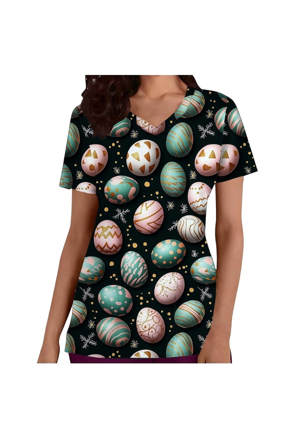 Easter Day Tshirt Women,Womens Under Scrub Tops Animal Printed Scrubs Stretch Dog Cat Pattern Uniforms Cute Pattern Nursing Workwear,Women's Blouse